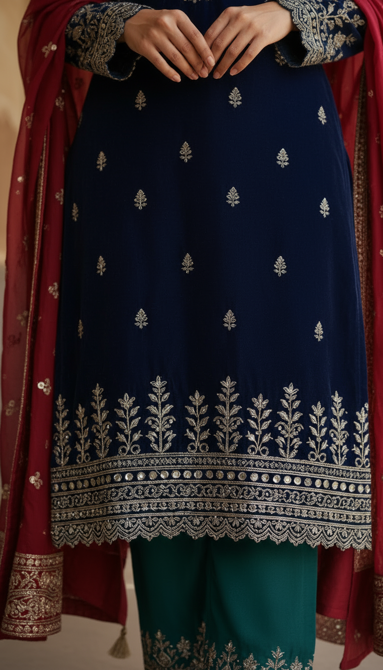Navy Velvet Heritage Embroidered Suit Set with Contrast Emerald Pants & Red Dupatta - Image 4