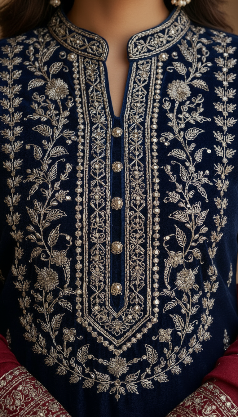 Navy Velvet Heritage Embroidered Suit Set with Contrast Emerald Pants & Red Dupatta - Image 5