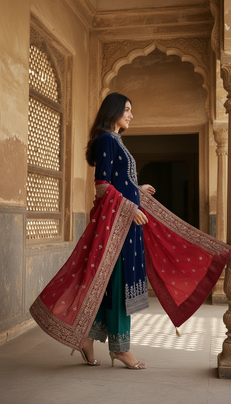 Navy Velvet Heritage Embroidered Suit Set with Contrast Emerald Pants & Red Dupatta - Image 6