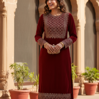 Maroon Velvet Hand-Embroidered Straight Suit Set