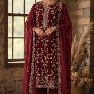 Maroon Velvet Multicolor Resham Embroidered Suit Set with Dupatta