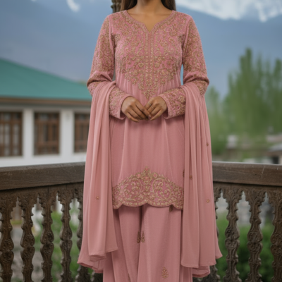 Blush Pink Zari Embroidered Straight Suit Set with Palazzo & Dupatta