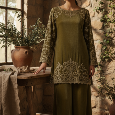 Olive Embroidered Velvet Straight Kurta & Palazzo Set