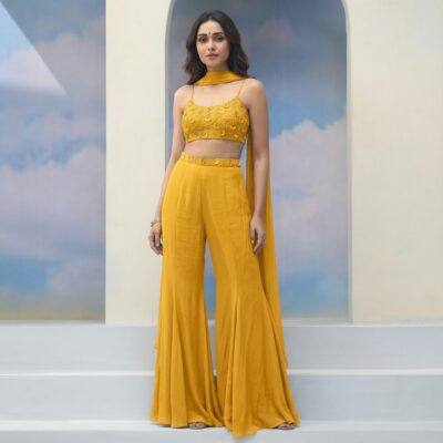 Embroidered Crop Top & Palazzo Set with Dupatta