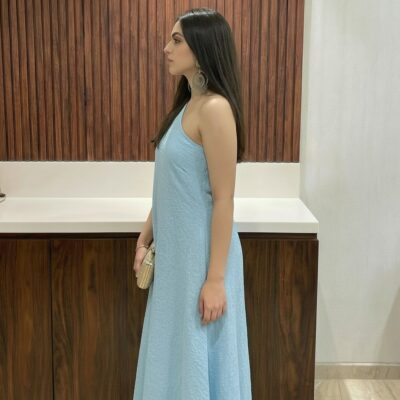 Powder One Shoulder Draped Maxi Dress