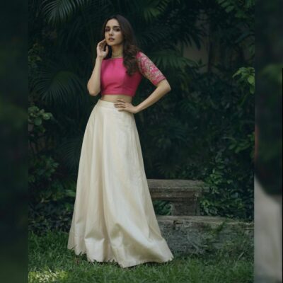 Embroidered Crop Top with Ivory Flared Skirt