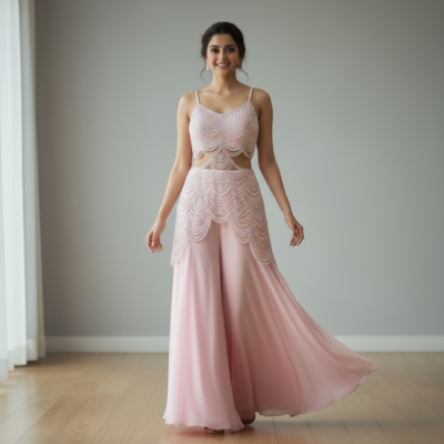 Blush Pink Embellished Crop Top & Skirt Set