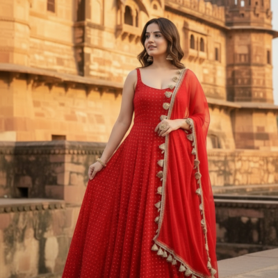 Red Embellished Anarkali Gown with Dupatta