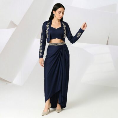 Navy Blue Embroidered Draped Skirt Set