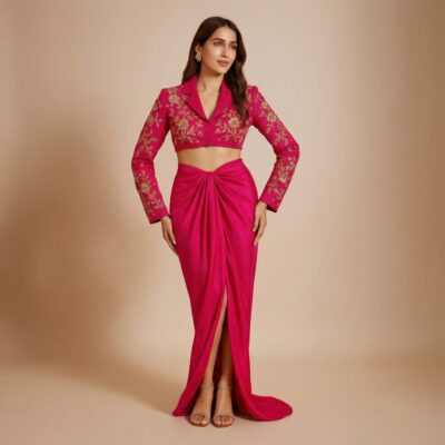 Hot Pink Embellished Crop Blazer with Draped Skirt Set