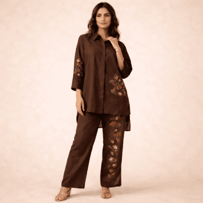 Brown Floral Placement Co-ord Set with Artistic Embroidery