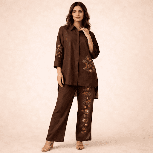 Brown Floral Placement Co-ord Set with Artistic Embroidery