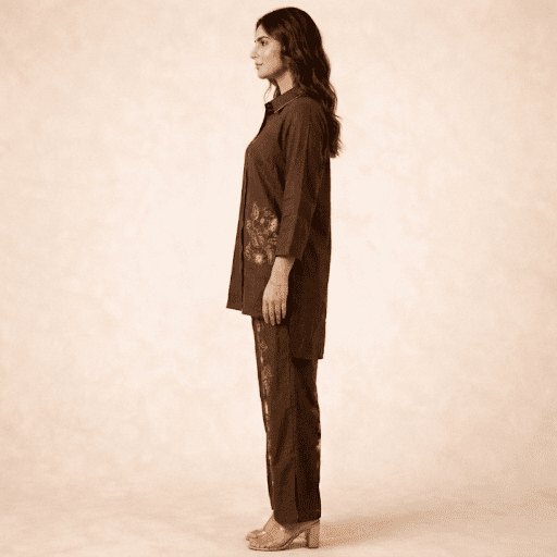 Brown Floral Placement Co-ord Set with Artistic Embroidery - Image 2