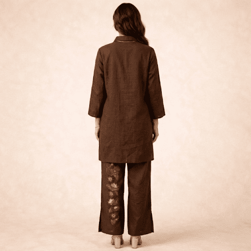 Brown Floral Placement Co-ord Set with Artistic Embroidery - Image 3