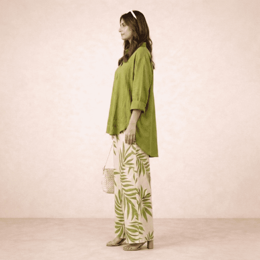 Olive Green Leaf Print Kurta Set with Wide-Leg Statement Pants - Image 2