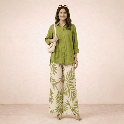 Olive Green Leaf Print Kurta Set with Wide-Leg Statement Pants