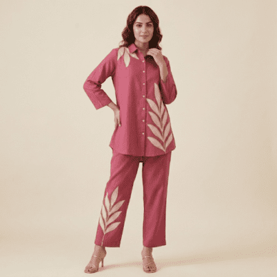 Rose Pink Leaf Print Co ord Set with Statement Placement Design