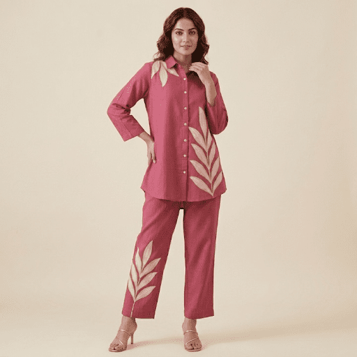 Rose Pink Leaf Print Co ord Set with Statement Placement Design