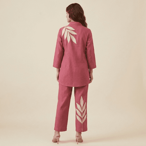 Rose Pink Leaf Print Co ord Set with Statement Placement Design - Image 2