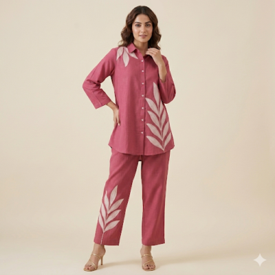 Rose Pink Leaf Print Co ord Set with Statement Placement Design