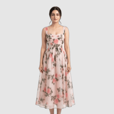 Blush Pink Floral Fit & Flare Midi Dress
