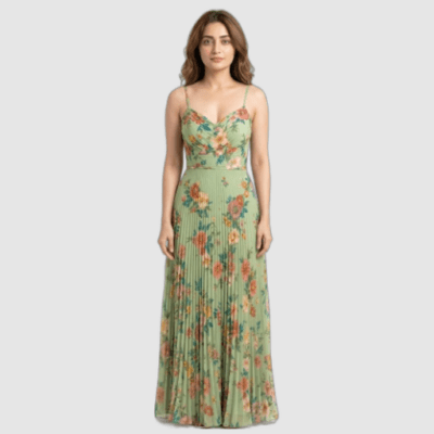 Green Floral Pleated Midi Dress