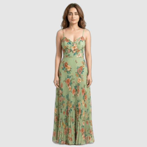 Green Floral Pleated Midi Dress