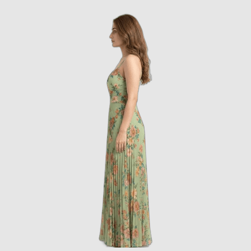 Green Floral Pleated Midi Dress - Image 2