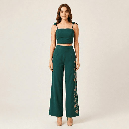 Emerald Green Embroidered Co-ord Set with Elegant Floral Detailing