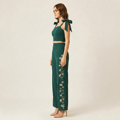 Emerald Green Embroidered Co-ord Set with Elegant Floral Detailing - Image 2